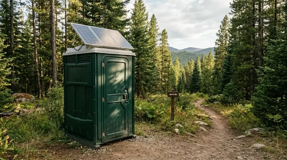 Green Porta Potty — Outdoor Trail — Green Porta Potty, Solar Panel, Trail Sign, Outdoor Trail, Porta Potty Rentals and Dumps…