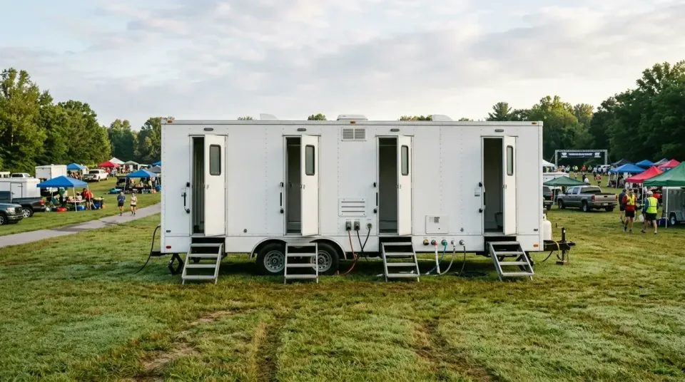 Mobile Shower Trailer — Outdoor Event — Mobile Shower Trailer, Metal Steps, Trailer Wheels, Outdoor Event, Porta Potty Renta…