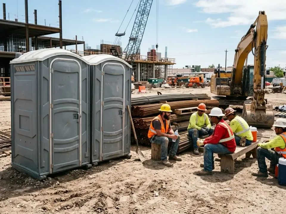 Porta Potty — Construction Site — Porta Potty, Excavator, Construction Crane, Construction Site, Porta Potty Rentals and Dum…
