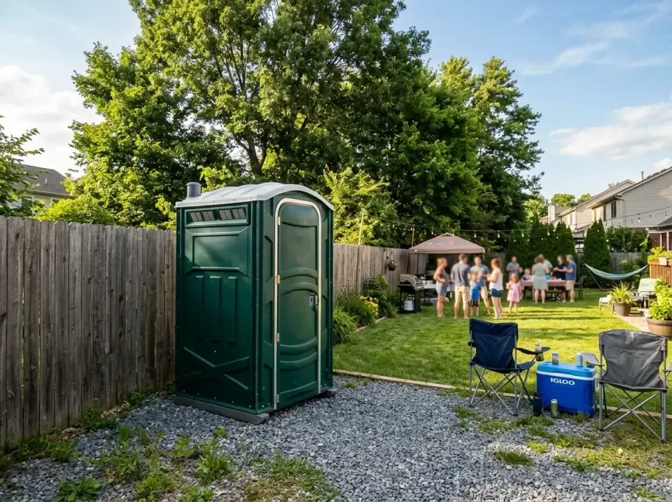 Porta Potty — Backyard Party — Porta Potty, Wooden Fence, Gravel Pad, Backyard Party, Porta Potty Rentals and Dumpster Renta…