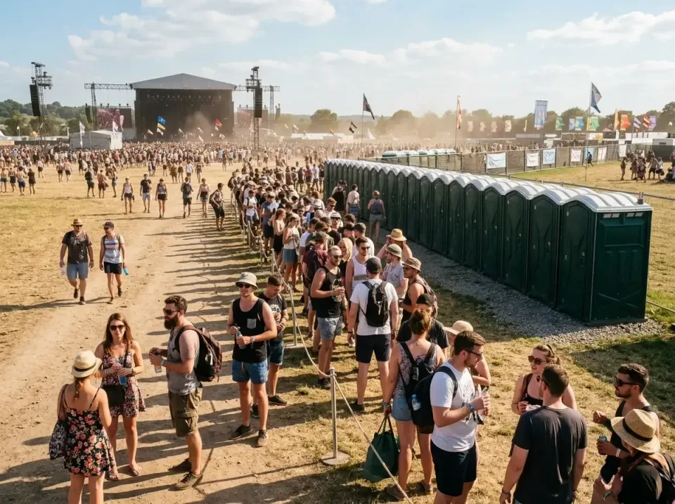 Porta Potty — Outdoor Event — Porta Potty, Restroom Row, Crowd, Outdoor Event, Porta Potty Rentals and Dumpster Rental in Hu…