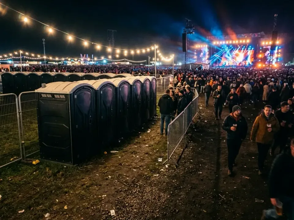 Portable Toilets — Outdoor Event — Portable Toilets, Metal Crowd Control Barriers, String Lights, Outdoor Event, Porta Potty…