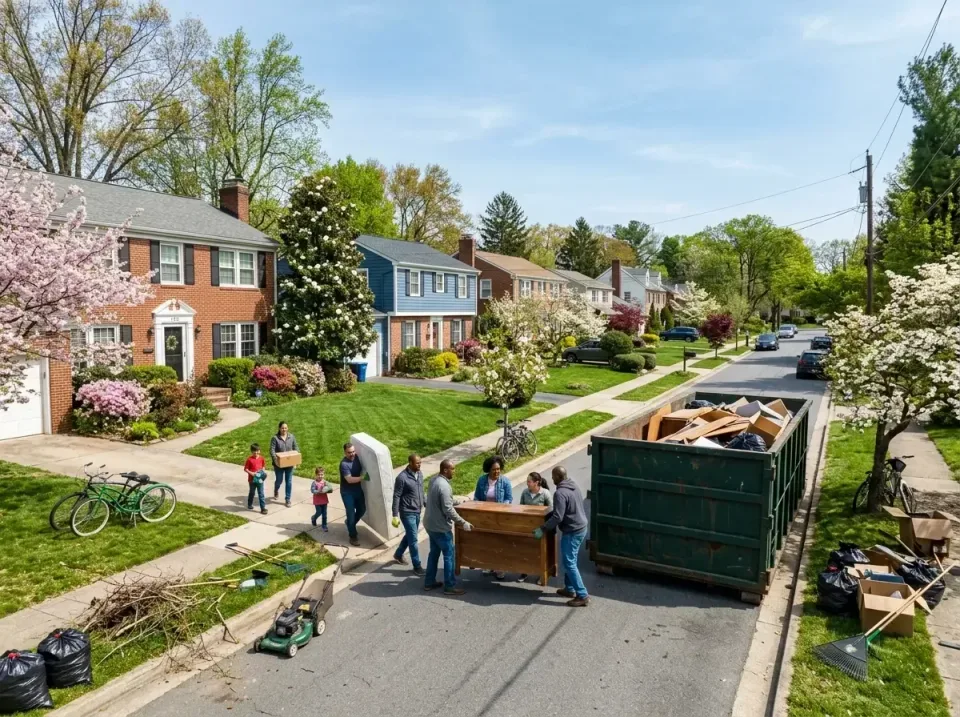 roll-off Dumpster — Residential Neighborhood — roll-off Dumpster, People, Lawn Mower, Residential Neighborhood, Porta Potty…